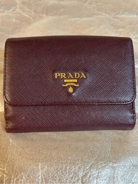 Authentic PRADA Small Saffiano Trifold Wallet Burgundy w/Pink  Includes COA